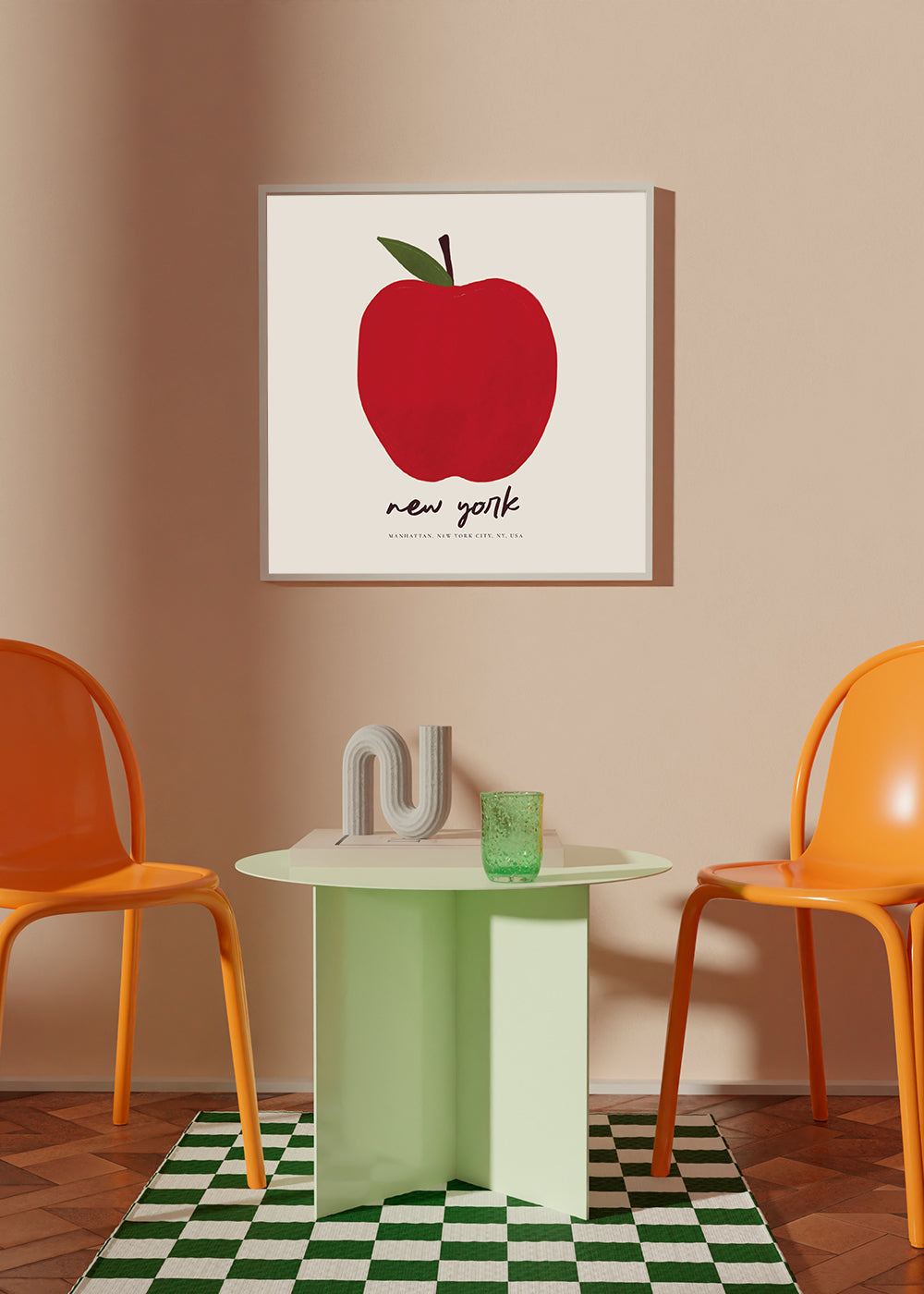Stadstavla med rött äpple