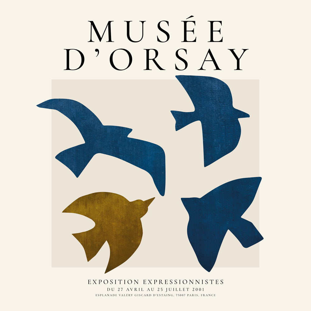Vintageaffisch Musée d'Orsay med stiliserade fåglar