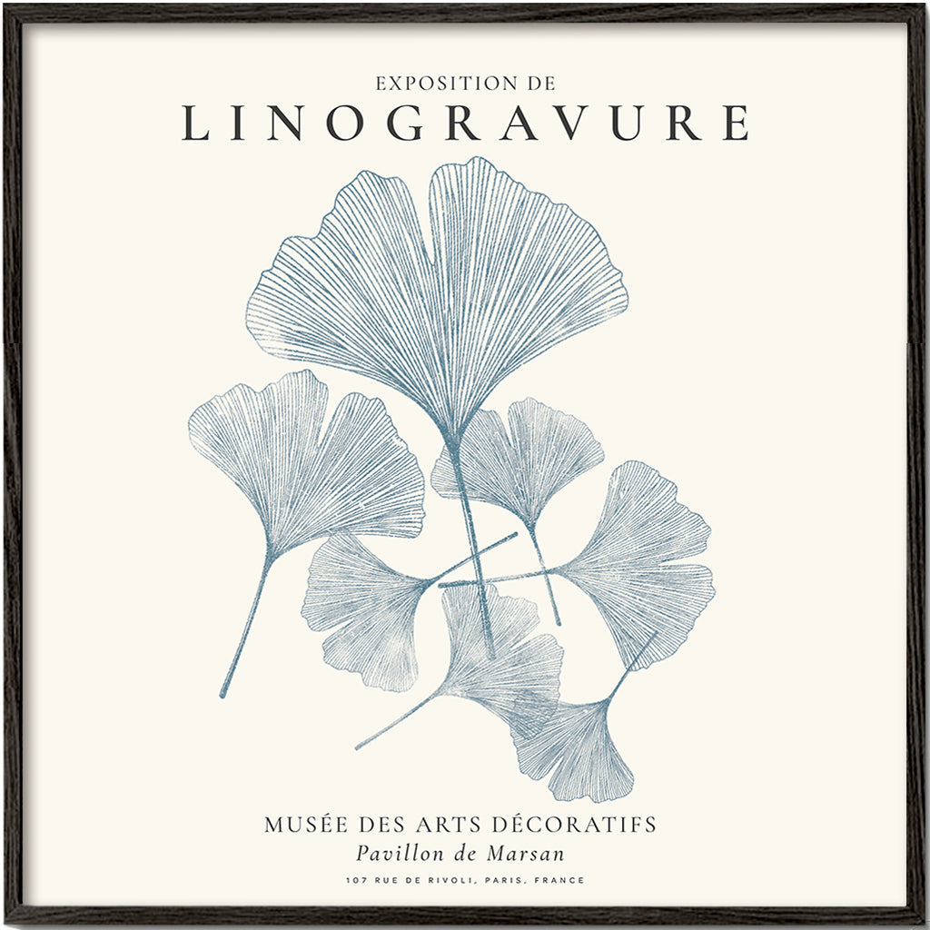 Botanisk print Ginkgo linotryck i blått