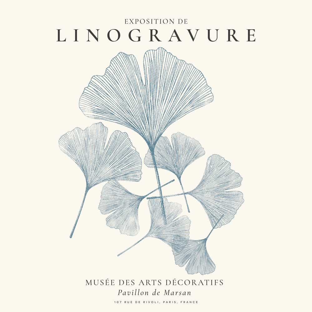 Botanisk print Ginkgo linotryck i blått