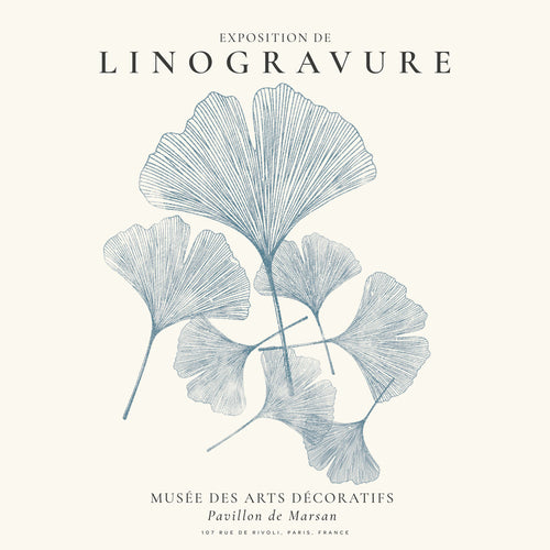 Botanisk print Ginkgo linotryck i blått