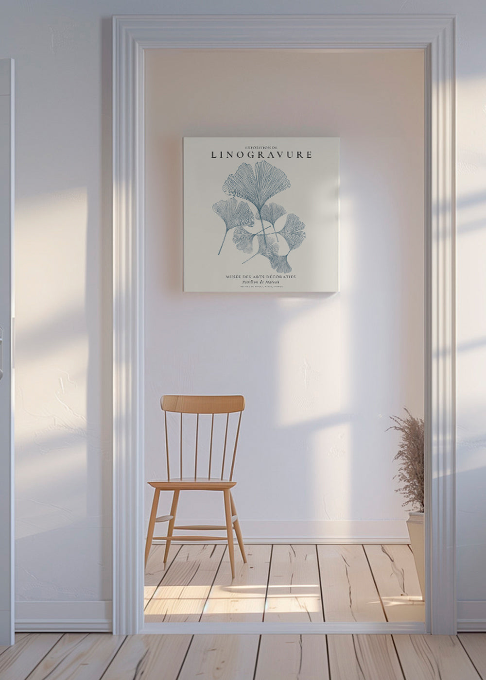 Botanisk print Ginkgo linotryck i blått
