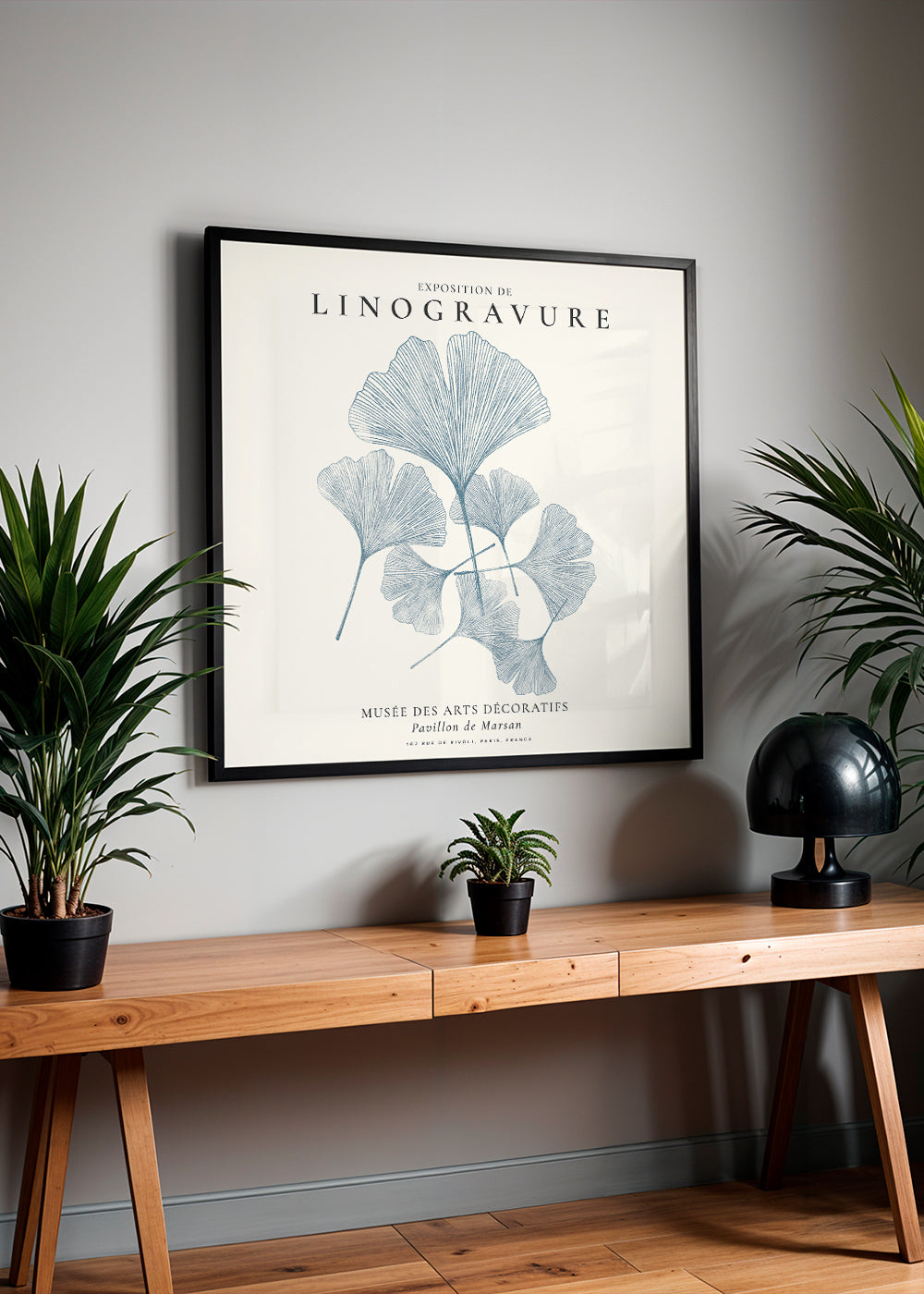 Botanisk print Ginkgo linotryck i blått