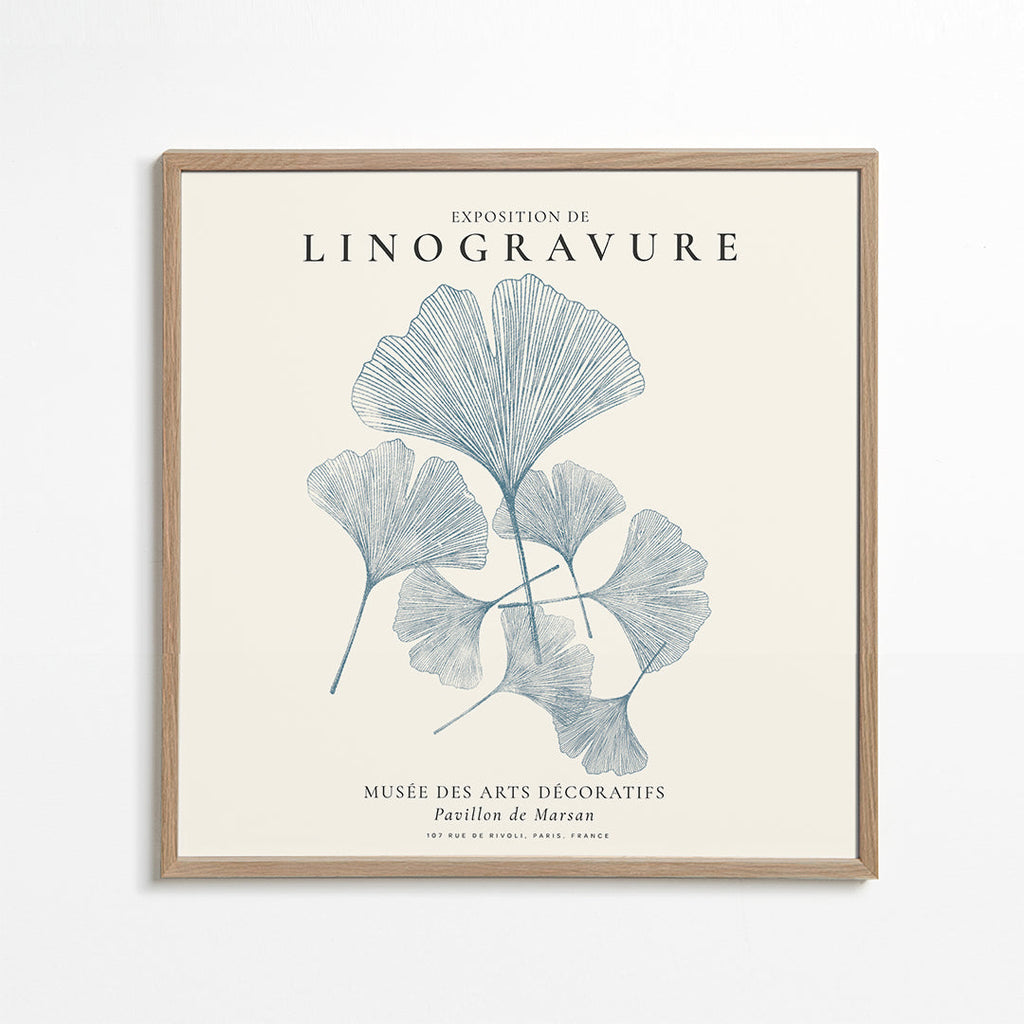 Botanisk print Ginkgo linotryck i blått