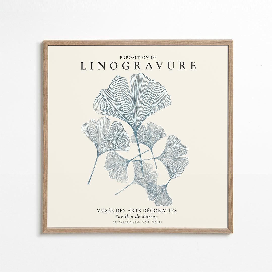 Botanisk print Ginkgo linotryck i blått