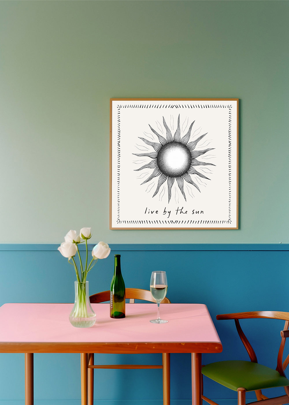 Sol-linjeteckning med text