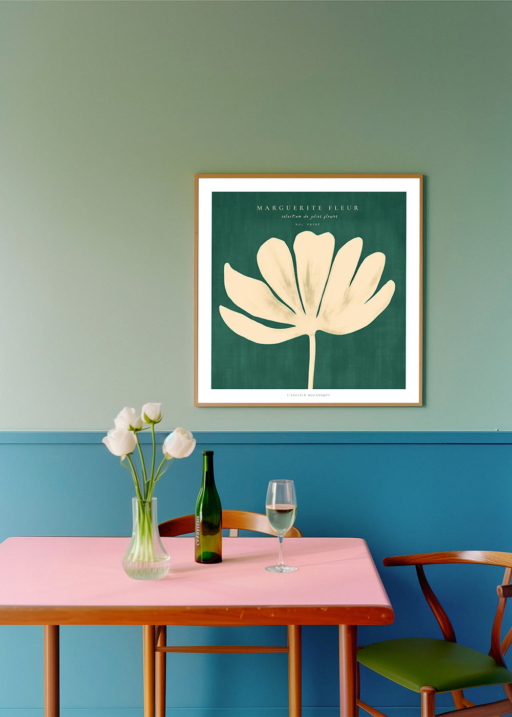 Botanisk poster: prästkrage mot grön bakgrund