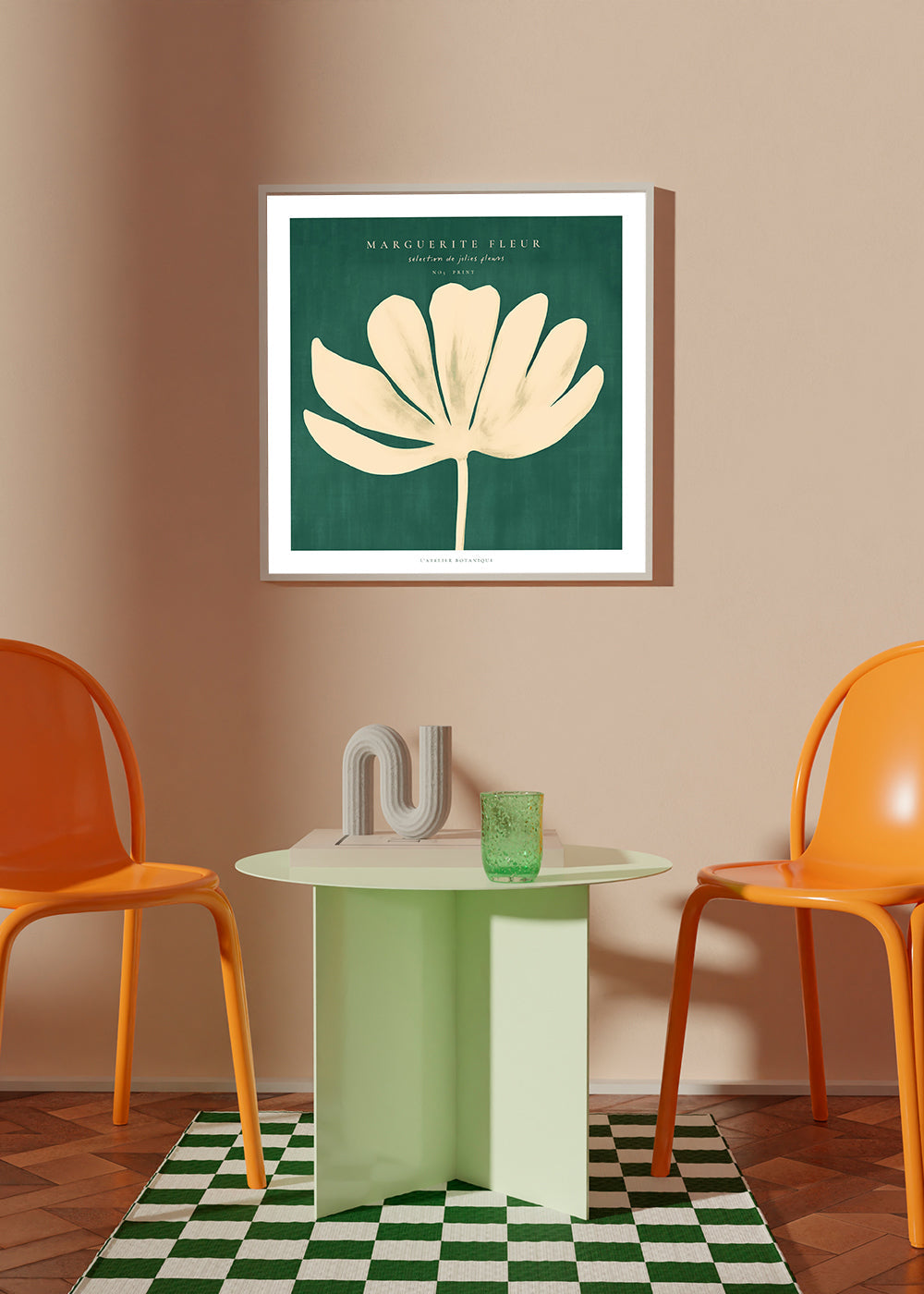 Botanisk poster: prästkrage mot grön bakgrund