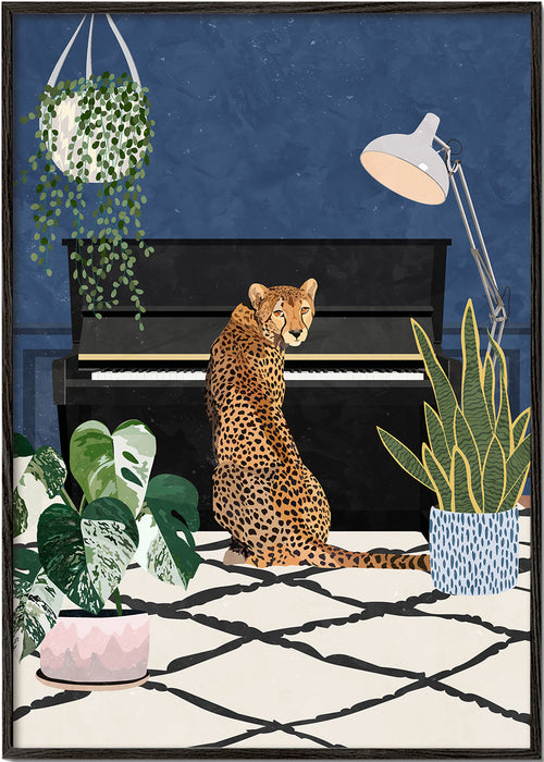 Konstverk gepard vid pianot