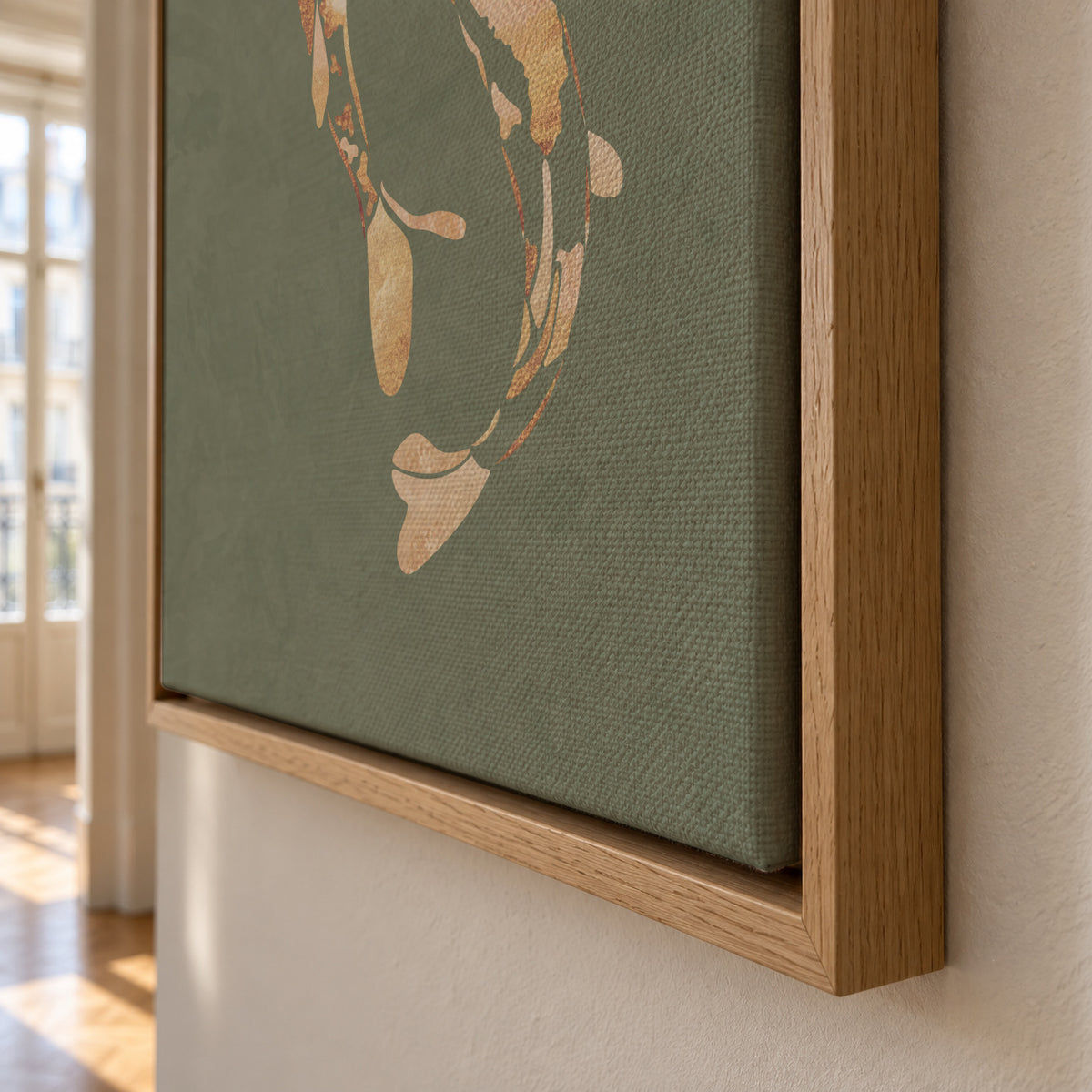 Gold Koi Fish sage green 1 - Framed canvas detail