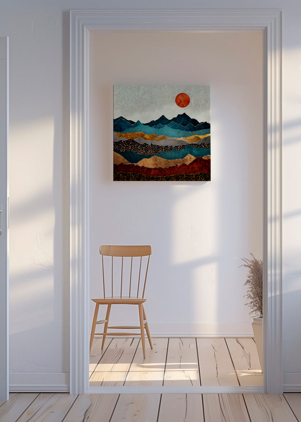 Landskapskonst med lager av berg och bärnsten-sol