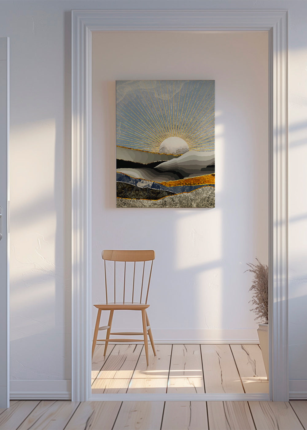 Landskapskonst med gyllene sol och lager av textur