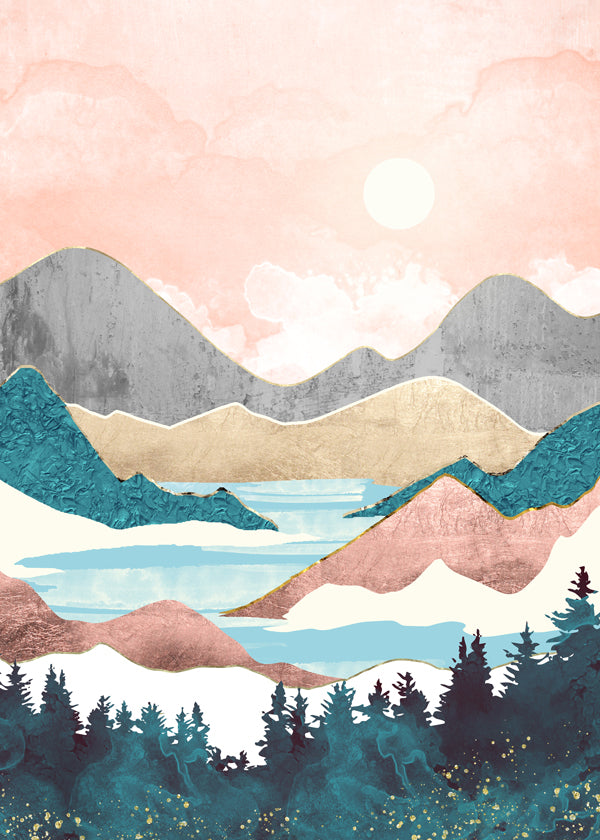 Landskapskonst: sjö i soluppgång illustration