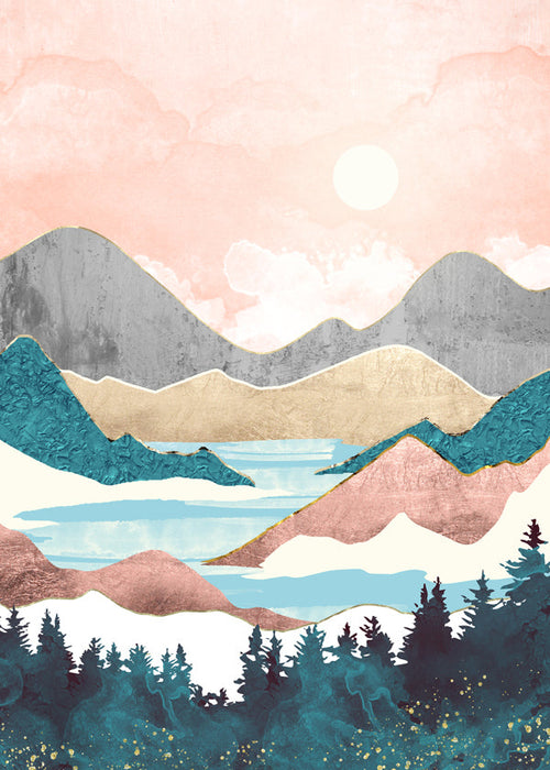 Landskapskonst: sjö i soluppgång illustration