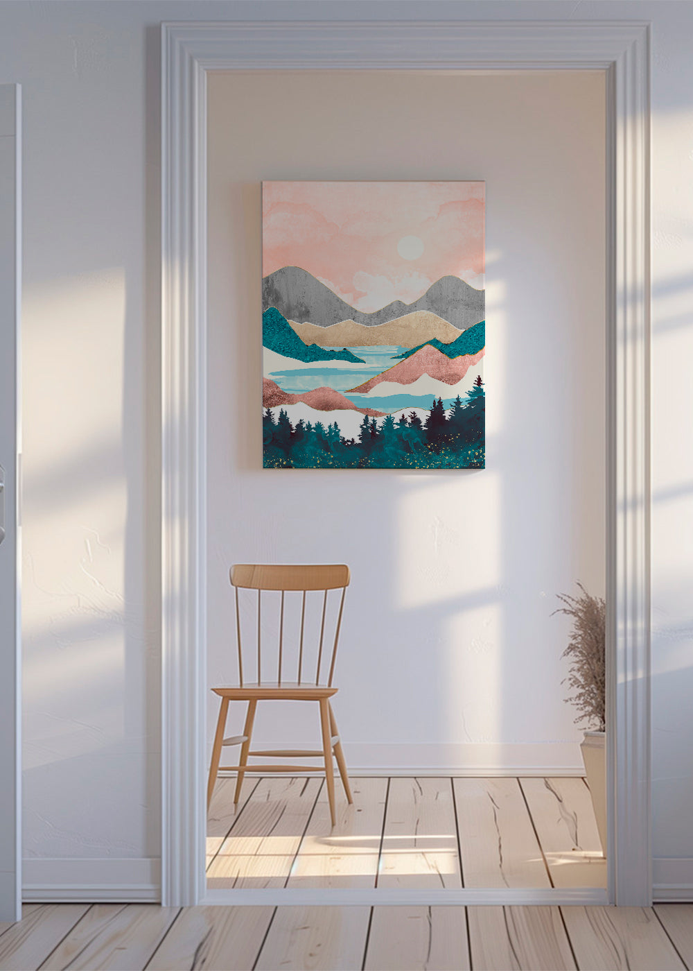 Landskapskonst: sjö i soluppgång illustration