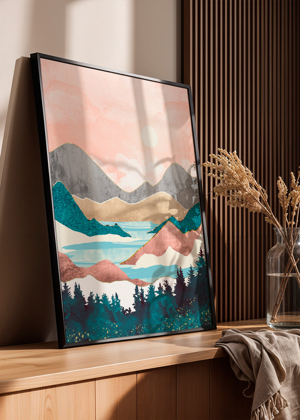 Landskapskonst: sjö i soluppgång illustration