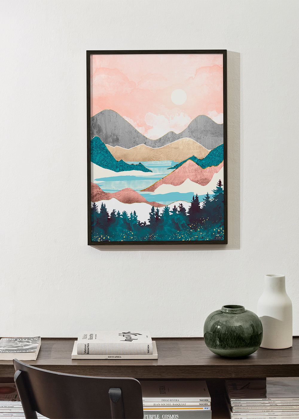 Landskapskonst: sjö i soluppgång illustration