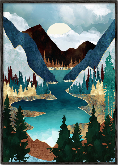 Landskapstryck: sjö mellan berg illustration