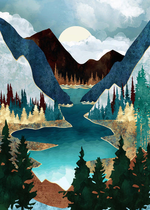 Landskapstryck: sjö mellan berg illustration