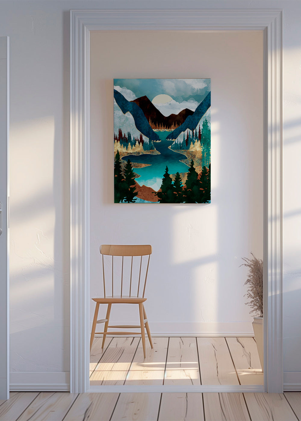 Landskapstryck: sjö mellan berg illustration