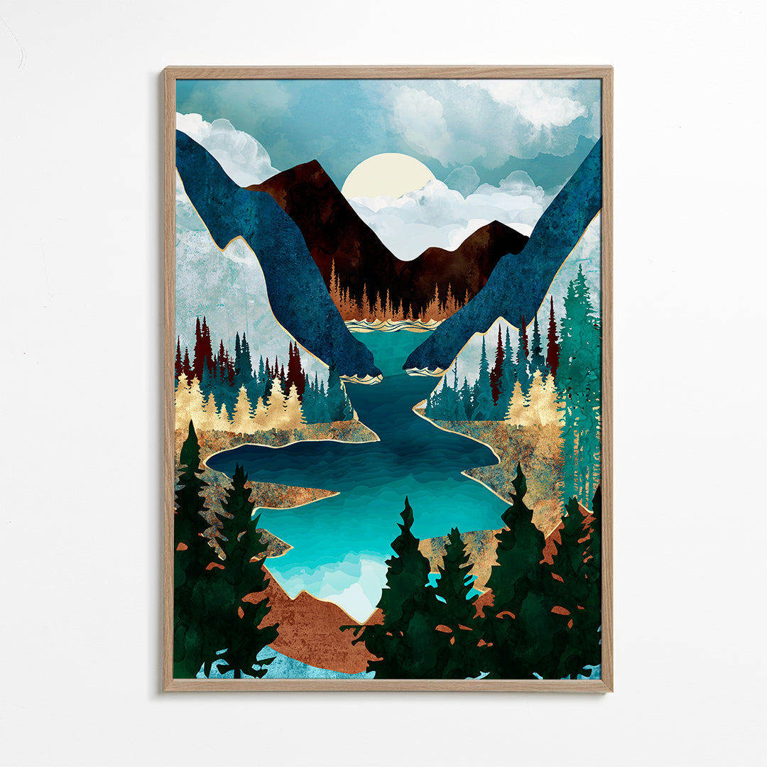 Landskapstryck: sjö mellan berg illustration