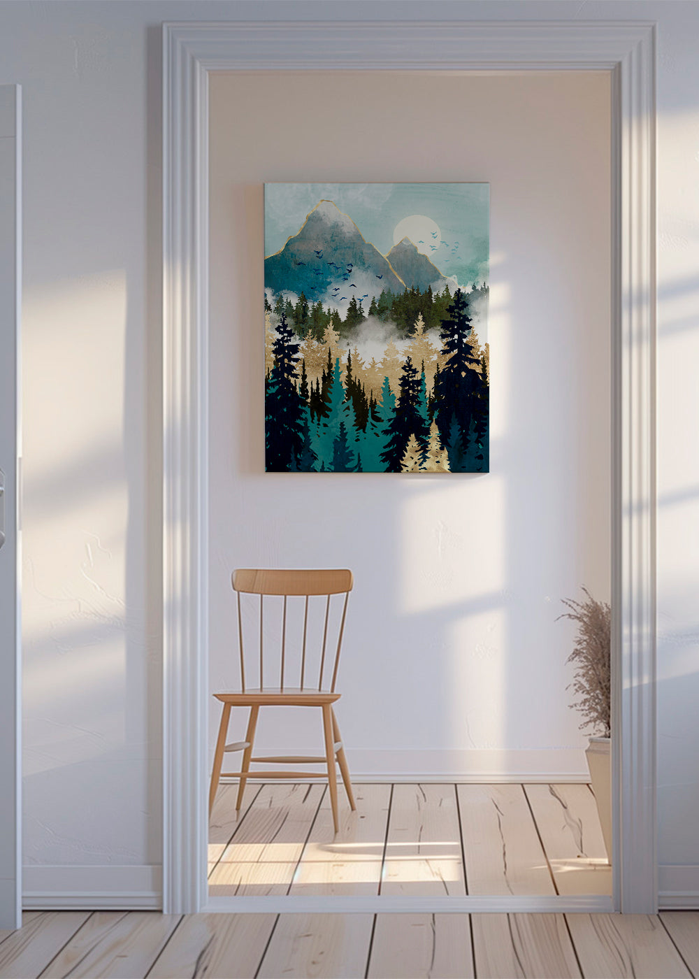 Landskapskonst med skog och förgyllda berg