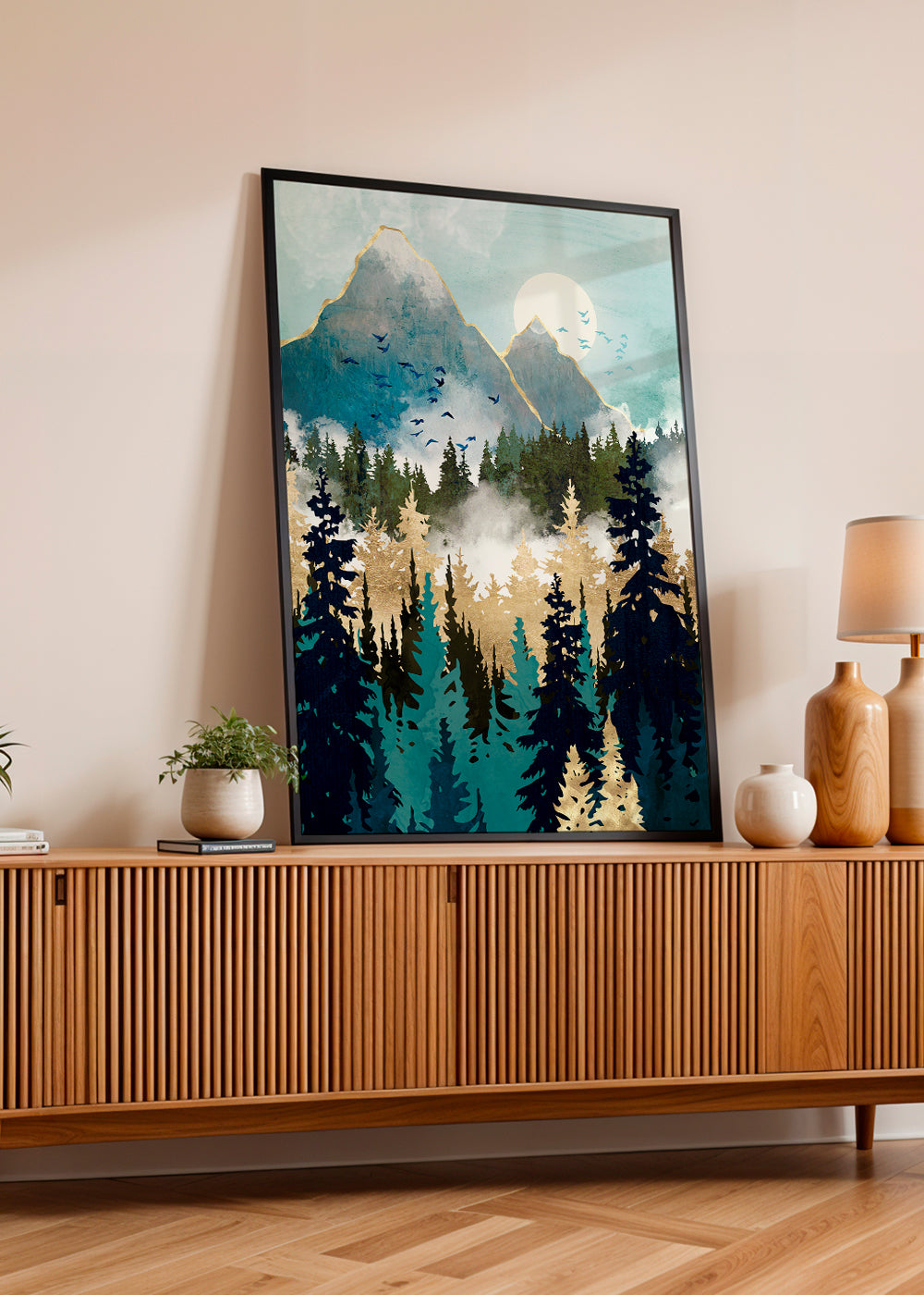 Landskapskonst med skog och förgyllda berg