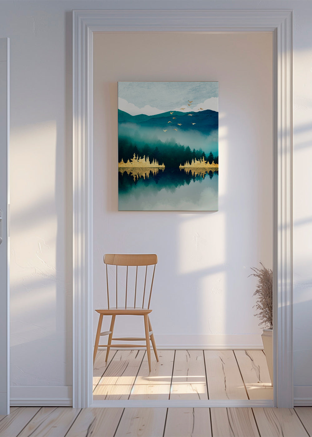 Landskapsbild med spegling och gyllene inslag