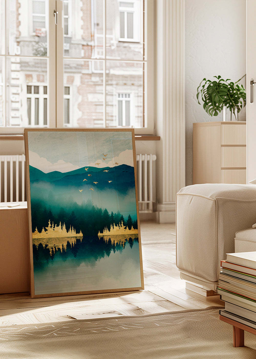 Landskapsbild med spegling och gyllene inslag