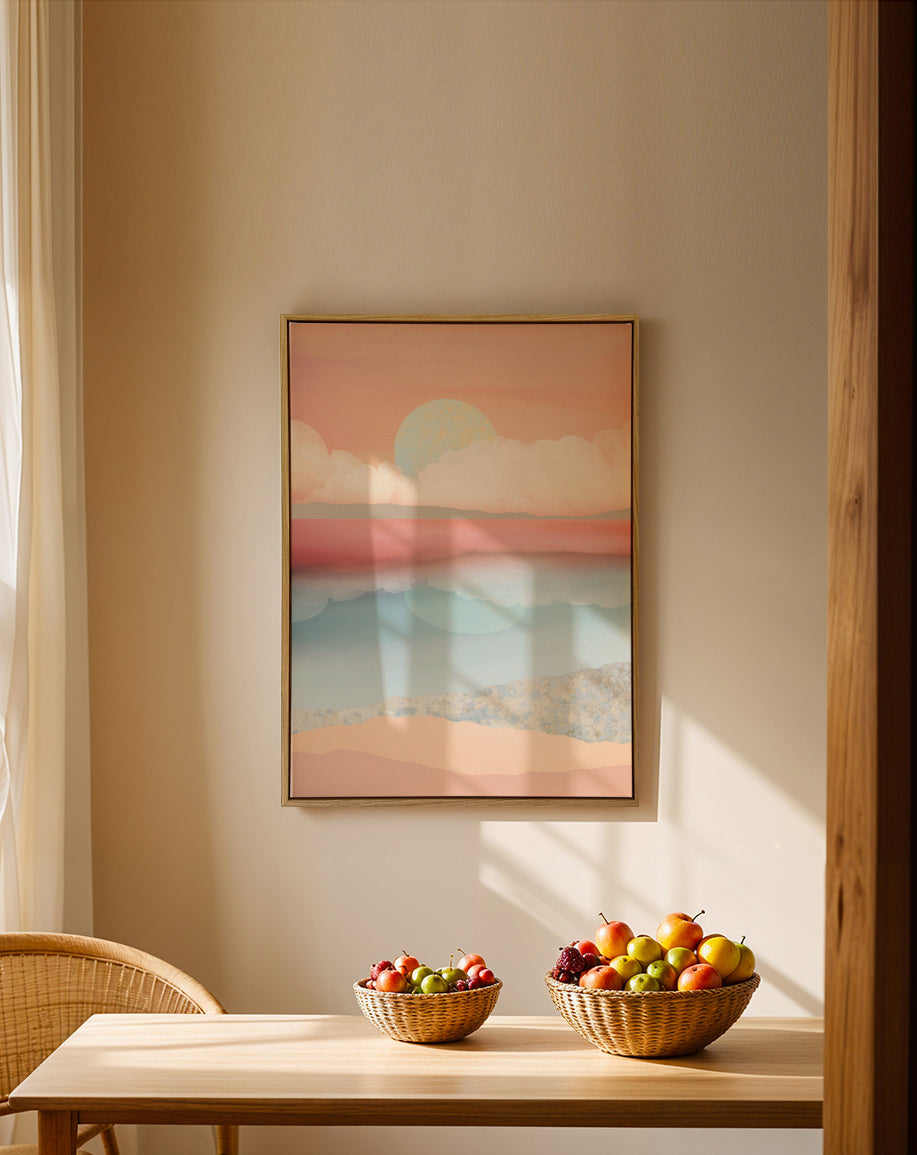 Mint Moon Beach - Framed canvas in an interior