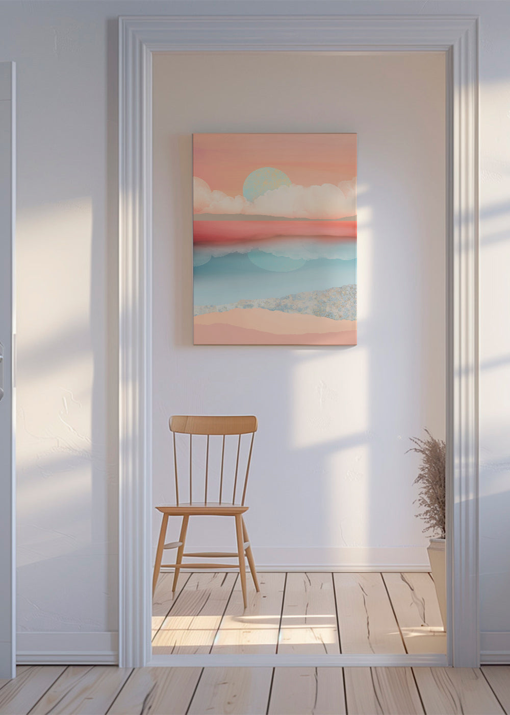 Landskapskonst i pastell med solreflektion