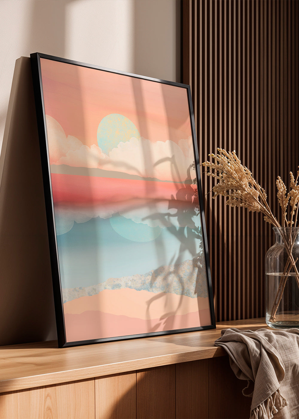 Landskapskonst i pastell med solreflektion
