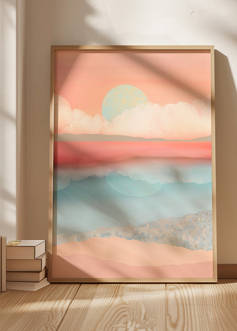 Landskapskonst i pastell med solreflektion