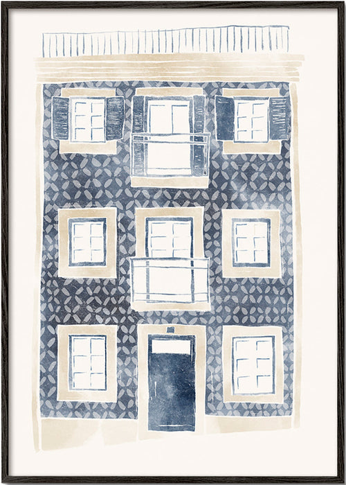Illustration blå fasad med balkonger – Black Frame