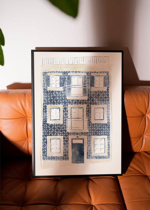 Illustration blå fasad med balkonger – Product1