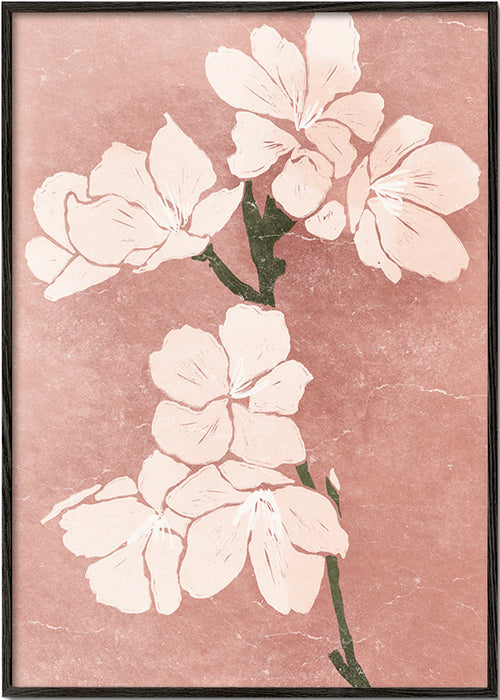 Botanisk poster rosa blommor med vintagestruktur – Black Frame