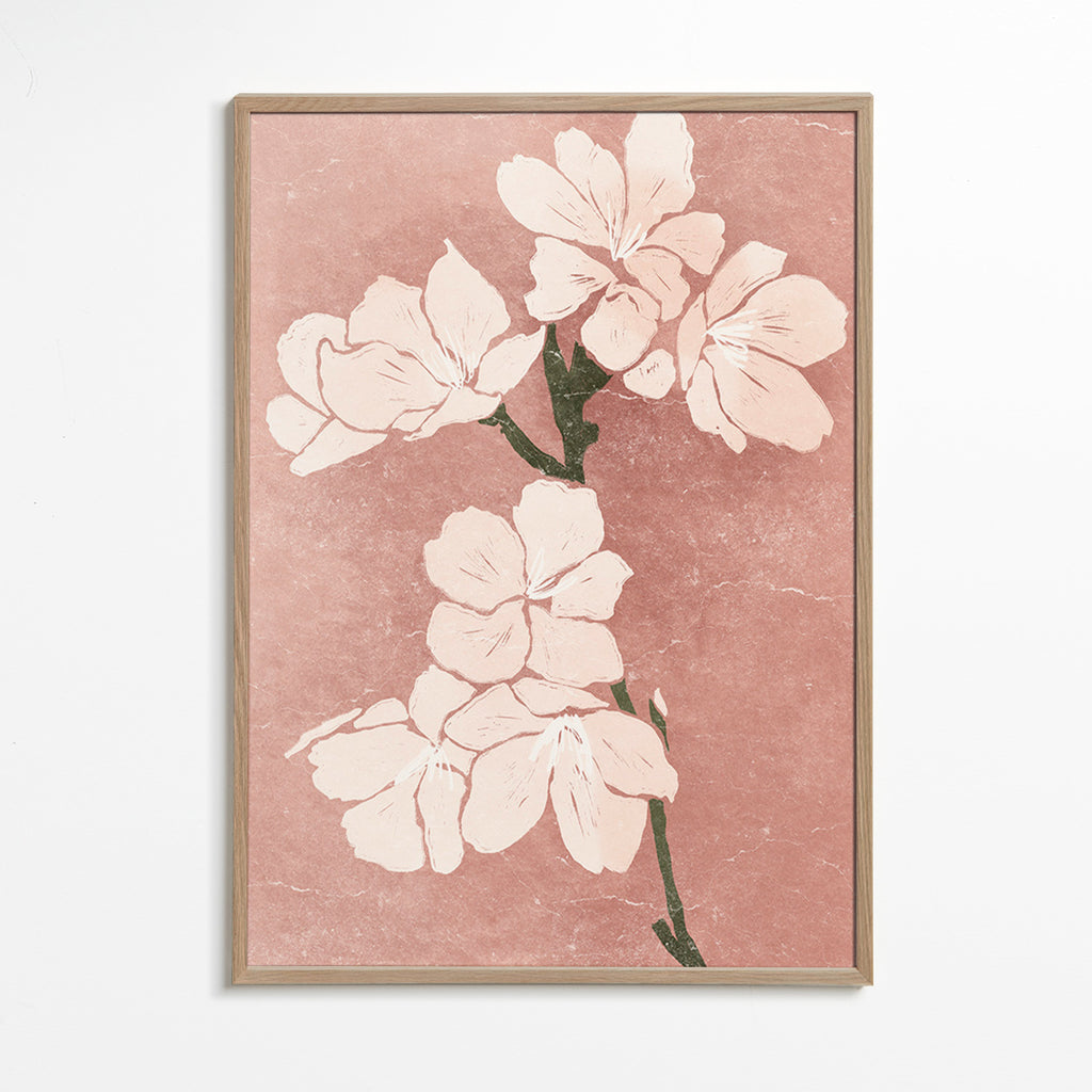 Botanisk poster rosa blommor med vintagestruktur – Oak Frame