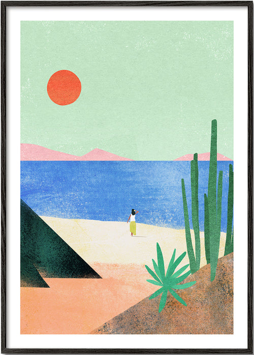 Strandillustration med avlägsen figur