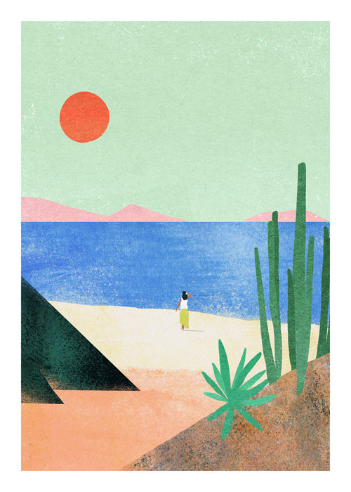 Strandillustration med avlägsen figur