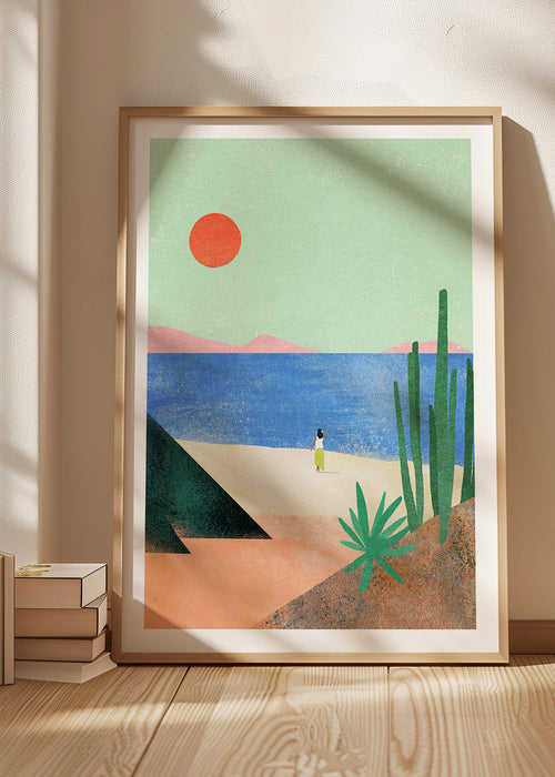Strandillustration med avlägsen figur