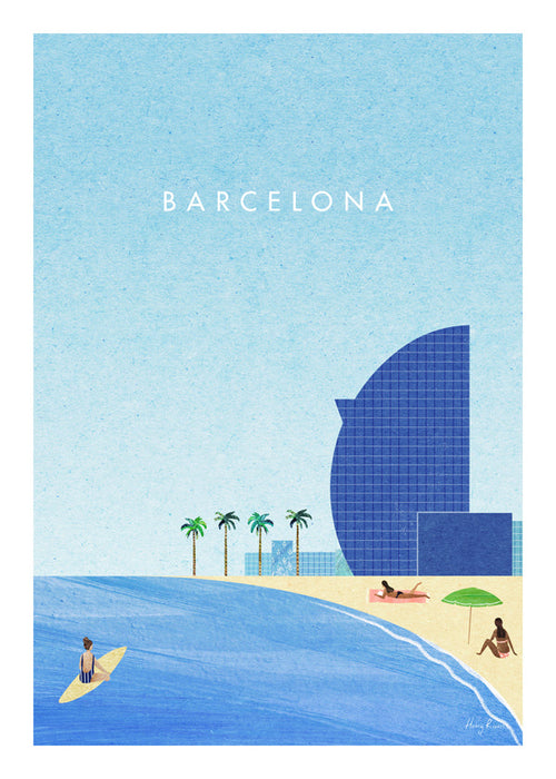 Reseposter Barcelona strandillustration