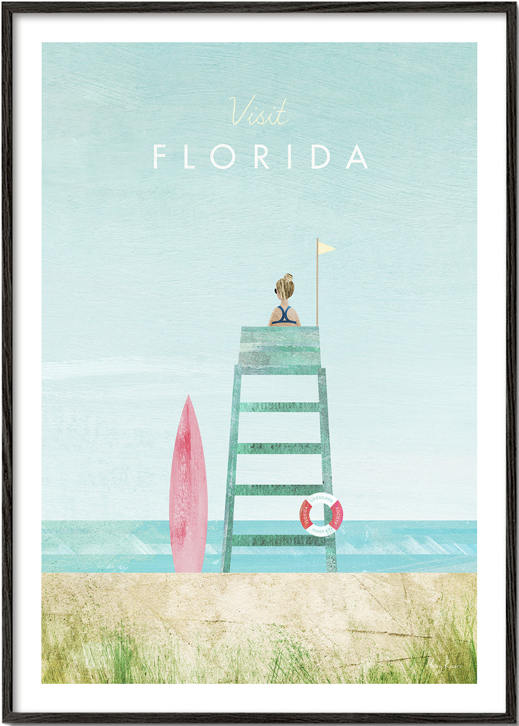 Illustration Florida strand med livvaktstorn och surfbräda
