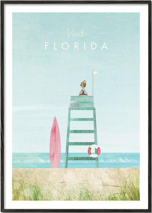 Illustration Florida strand med livvaktstorn och surfbräda
