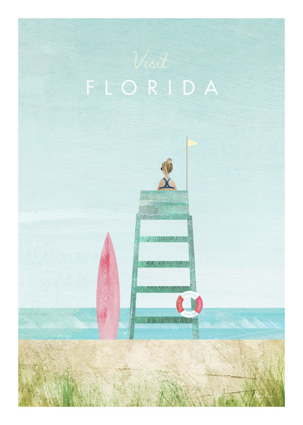 Illustration Florida strand med livvaktstorn och surfbräda