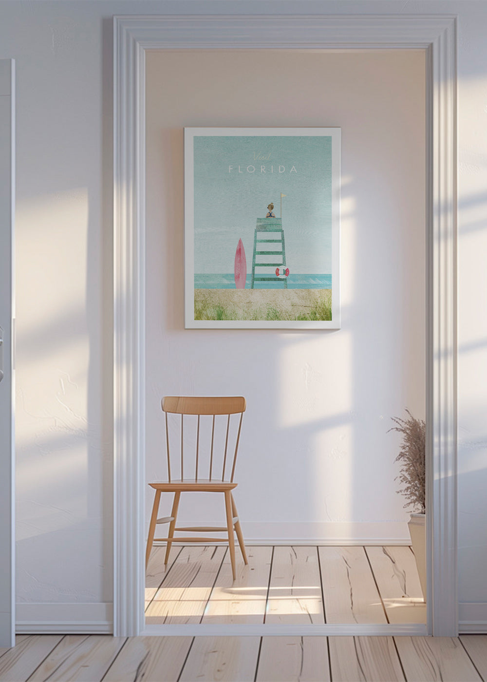 Illustration Florida strand med livvaktstorn och surfbräda