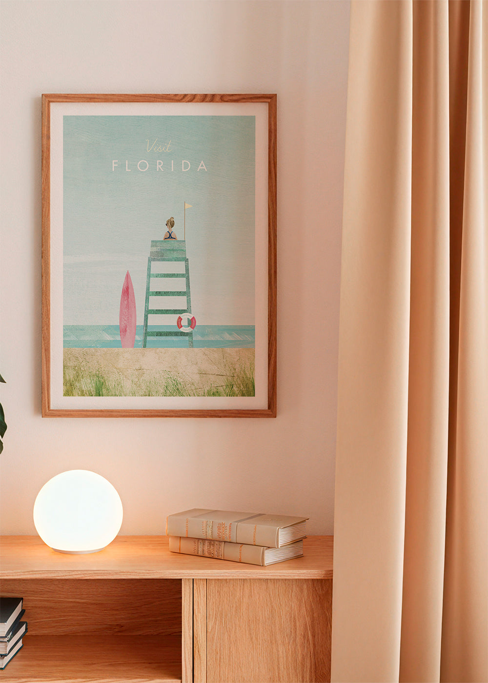 Illustration Florida strand med livvaktstorn och surfbräda