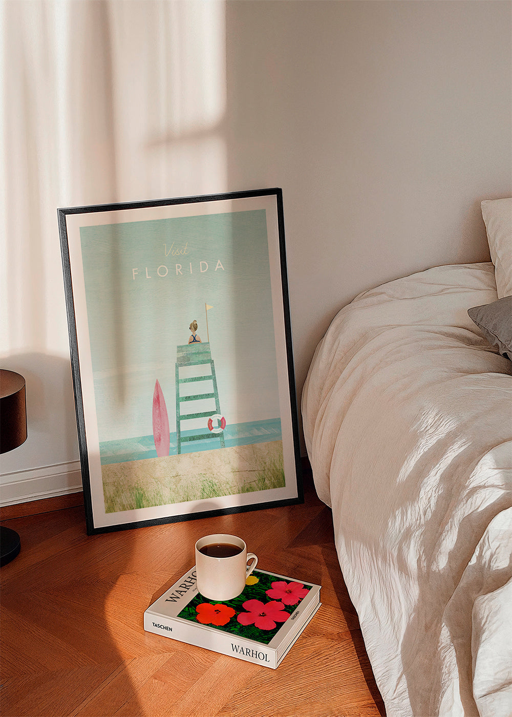 Illustration Florida strand med livvaktstorn och surfbräda