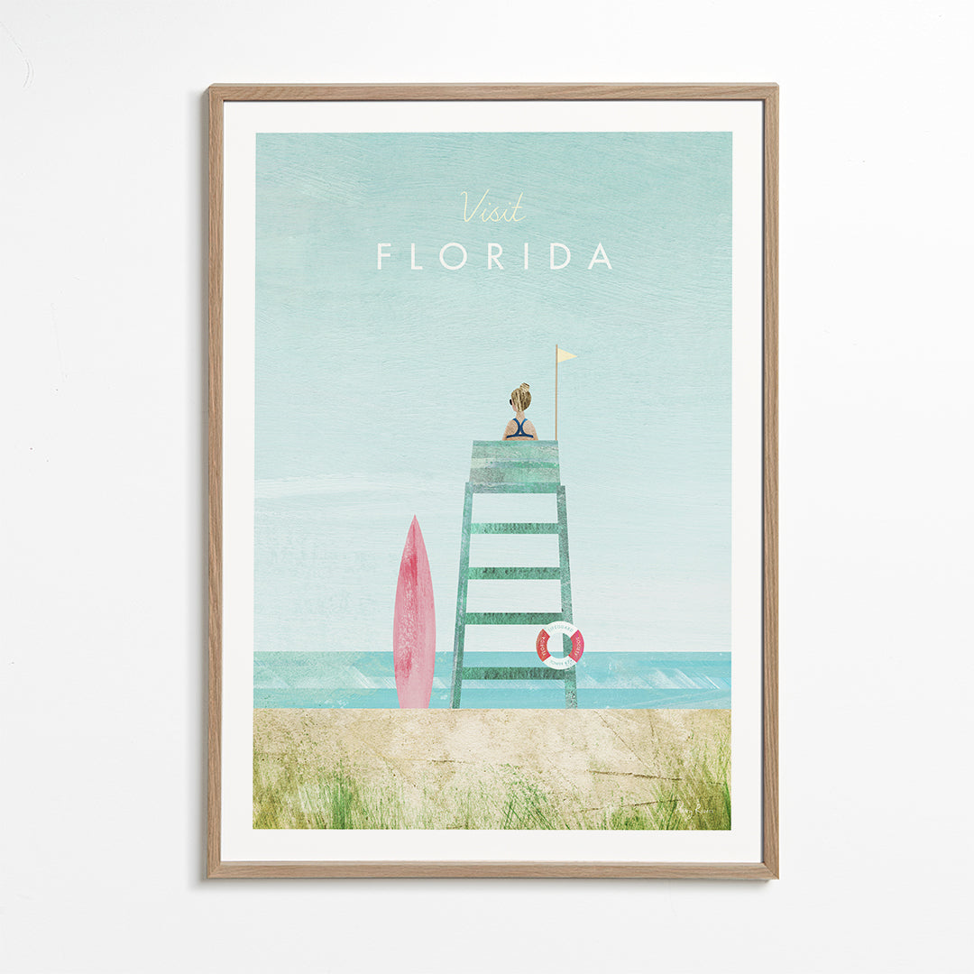 Illustration Florida strand med livvaktstorn och surfbräda