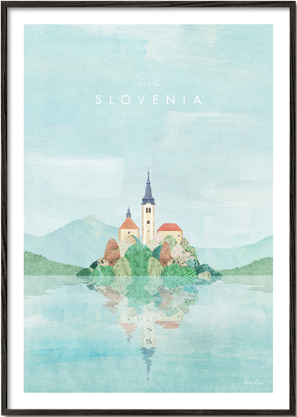 Stadsposter Slovenien: ö med kyrka och spegling