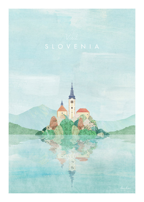 Stadsposter Slovenien: ö med kyrka och spegling